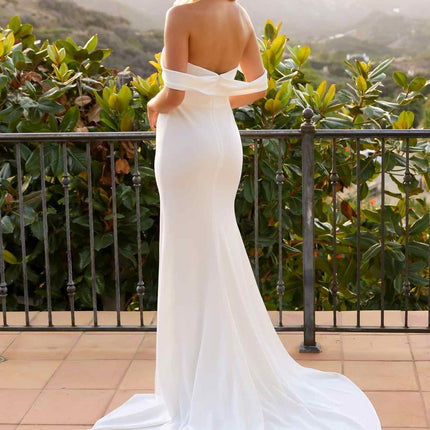 Nox Anabel JE1007 Long Fitted Off Shoulder White Slit Gown