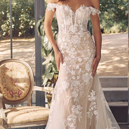 Nox Anabel JE974 Long Off Shoulder Fitted Embroidered Wedding Gown