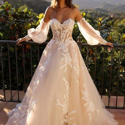 Nox Anabel JE990L Long Puff Sleeve Strapless Corset A-Line Bridal Gown