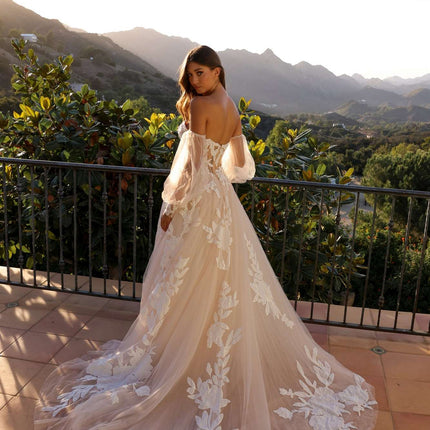 Nox Anabel JE990L Long Puff Sleeve Strapless Corset A-Line Bridal Gown