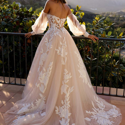 Nox Anabel JE990L Long Puff Sleeve Strapless Corset A-Line Bridal Gown