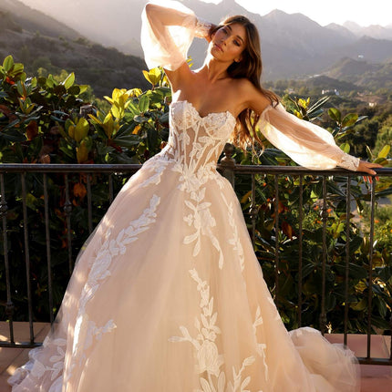 Nox Anabel JE990L Long Puff Sleeve Strapless Corset A-Line Bridal Gown