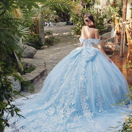 Juliet JT1458J Off the Shoulder Draped Sleeve Cathedral Train Quince Dress