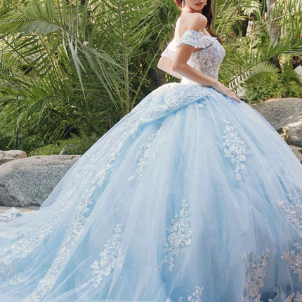 Juliet JT1458J Off the Shoulder Draped Sleeve Cathedral Train Quince Dress