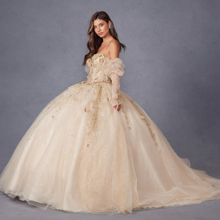 Juliet JT1465H Dress 3d Flowers Applique Puff Sleeve Quinceanera Dress