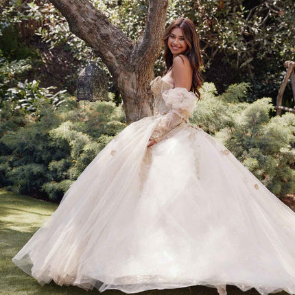 Juliet JT1465H Dress 3d Flowers Applique Puff Sleeve Quinceanera Dress