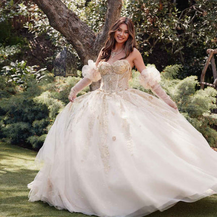 Juliet JT1465H Dress 3d Flowers Applique Puff Sleeve Quinceanera Dress