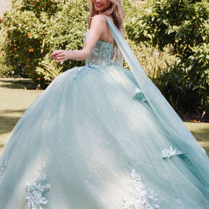 Juliet JT1466H Dress 3D Multi Floral Applique Cape Sleeve Quinceanera Gown