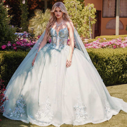 Juliet JT1466H Dress 3D Multi Floral Applique Cape Sleeve Quinceanera Gown