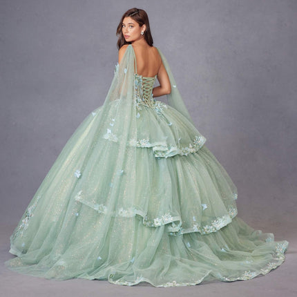 Juliet JT1466H Dress 3D Multi Floral Applique Cape Sleeve Quinceanera Gown