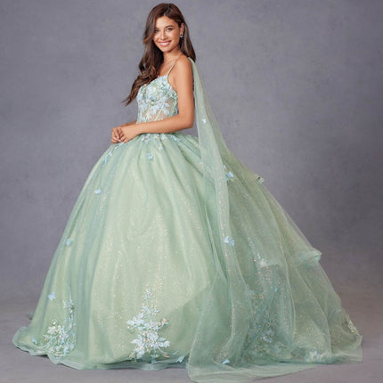 Juliet JT1466H Dress 3D Multi Floral Applique Cape Sleeve Quinceanera Gown