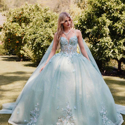 Juliet JT1466H Dress 3D Multi Floral Applique Cape Sleeve Quinceanera Gown