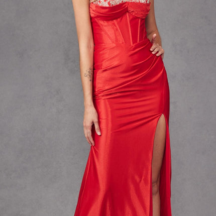 Juliet JT2434A Long V-Neck Embellished Corset Bodice Fitted Mermaid Gown