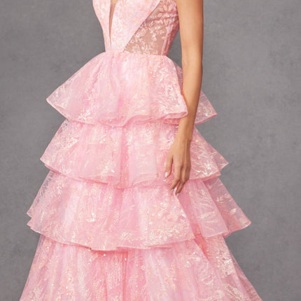 Juliet JT2438K Long Glitter Print Layered Tiered A-Line Gown