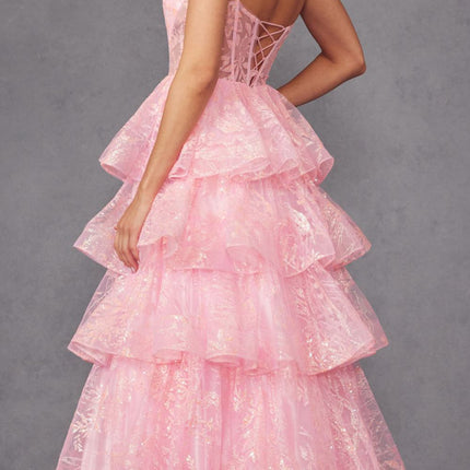 Juliet JT2438K Long Glitter Print Layered Tiered A-Line Gown