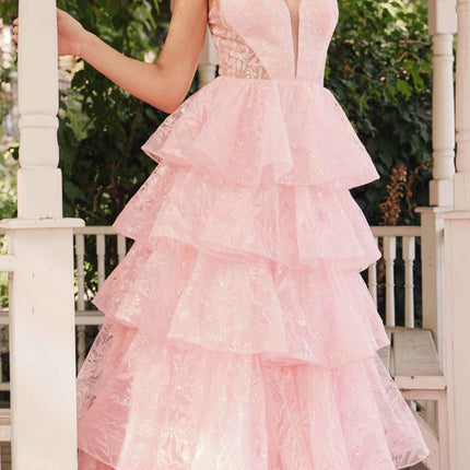 Juliet JT2438K Long Glitter Print Layered Tiered A-Line Gown