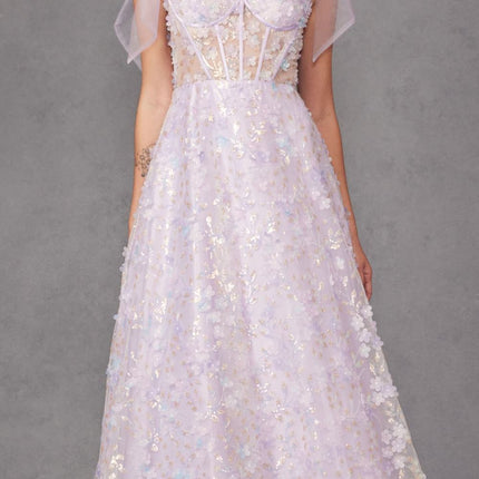 Juliet JT2439K Long 3D Floral Glitter Print Sleeveless A-line Gown