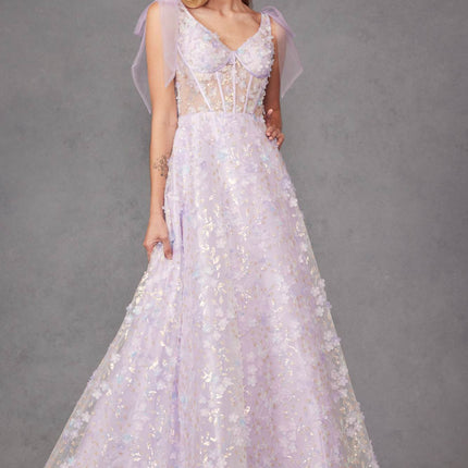 Juliet JT2439K Long 3D Floral Glitter Print Sleeveless A-line Gown