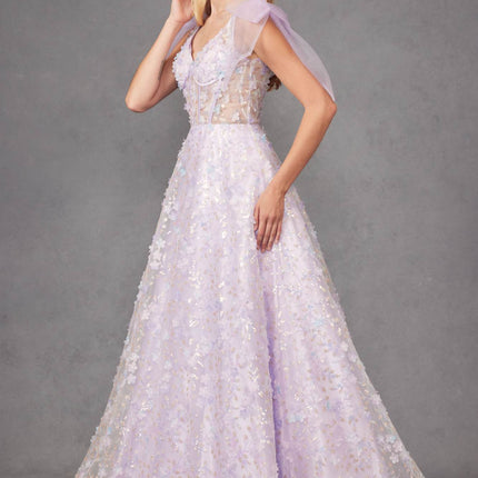 Juliet JT2439K Long 3D Floral Glitter Print Sleeveless A-line Gown