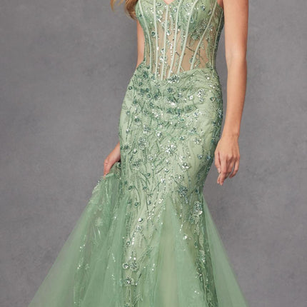 Juliet JT2441S Long Corset Bodice Embellished Sleeveless Mermaid Dress