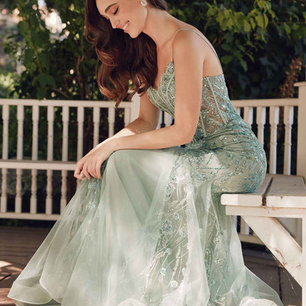 Juliet JT2441S Long Corset Bodice Embellished Sleeveless Mermaid Dress