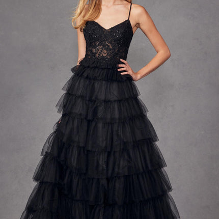 Juliet JT2451S Long Lace Bodice Sleeveless A-line Ruffled Gown