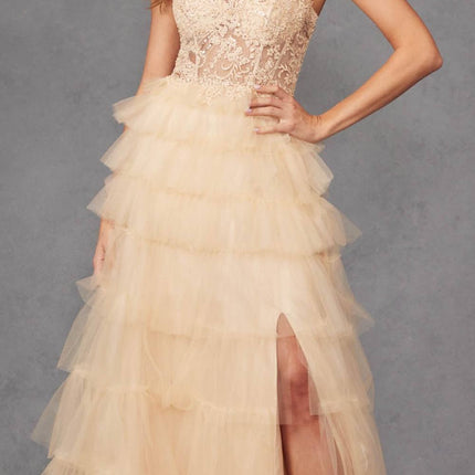 Juliet JT2451S Long Lace Bodice Sleeveless A-line Ruffled Gown
