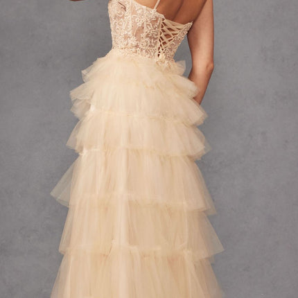 Juliet JT2451S Long Lace Bodice Sleeveless A-line Ruffled Gown