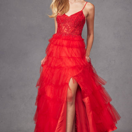 Juliet JT2451S Long Lace Bodice Sleeveless A-line Ruffled Gown