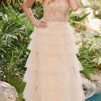 Juliet JT2451S Long Lace Bodice Sleeveless A-line Ruffled Gown