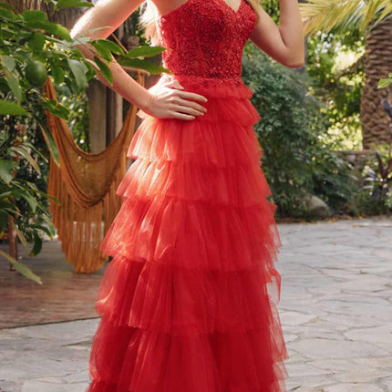 Juliet JT2451S Long Lace Bodice Sleeveless A-line Ruffled Gown