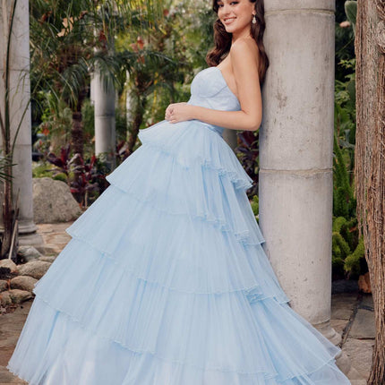 Juliet JT2452K Long Pleated Strapless Tiered Ruffle Tulle A-Line Gown