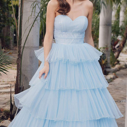 Juliet JT2452K Long Pleated Strapless Tiered Ruffle Tulle A-Line Gown