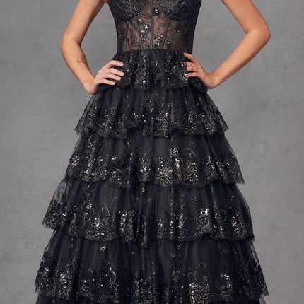 Juliet JT2454K Long Boned Bodice Tiered Layered Sequin Detail A-Line Gown