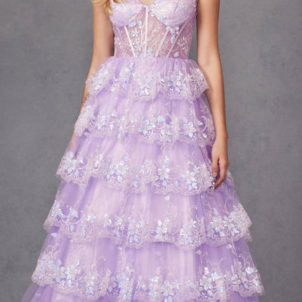 Juliet JT2454K Long Boned Bodice Tiered Layered Sequin Detail A-Line Gown