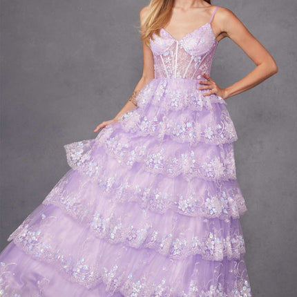 Juliet JT2454K Long Boned Bodice Tiered Layered Sequin Detail A-Line Gown
