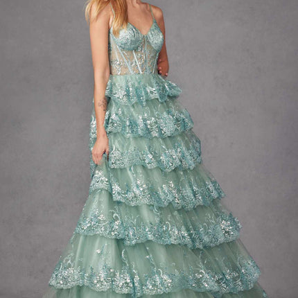 Juliet JT2454K Long Boned Bodice Tiered Layered Sequin Detail A-Line Gown