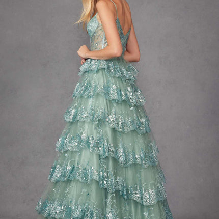 Juliet JT2454K Long Boned Bodice Tiered Layered Sequin Detail A-Line Gown