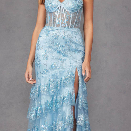 Juliet JT2455K Long Strapless Sweetheart Fitted Sheer Bodice Slit Gown