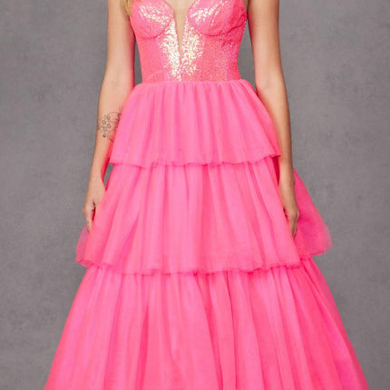 Juliet JT2457H Long Tiered Ruffled Tulle A-Line Sequin Bodice Dress