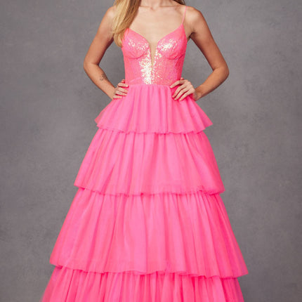 Juliet JT2457H Long Tiered Ruffled Tulle A-Line Sequin Bodice Dress