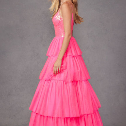 Juliet JT2457H Long Tiered Ruffled Tulle A-Line Sequin Bodice Dress