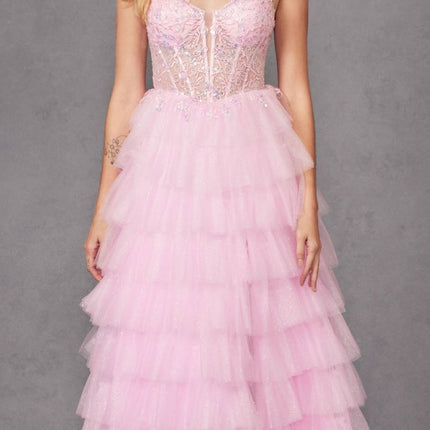 Juliet JT2458A Long Ruffle Tulle A-Line Ball Gown Bustier Bodice Thin Straps