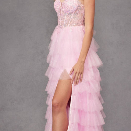Juliet JT2458A Long Ruffle Tulle A-Line Ball Gown Bustier Bodice Thin Straps