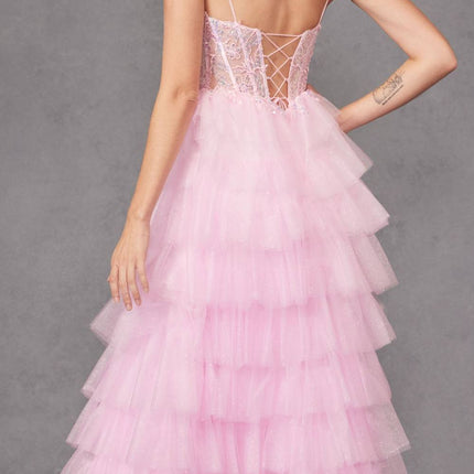 Juliet JT2458A Long Ruffle Tulle A-Line Ball Gown Bustier Bodice Thin Straps