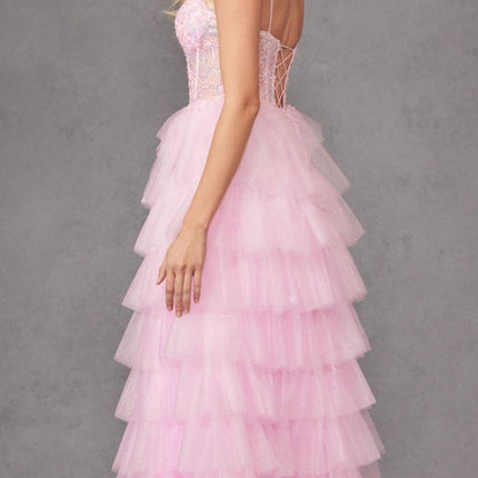 Juliet JT2458A Long Ruffle Tulle A-Line Ball Gown Bustier Bodice Thin Straps