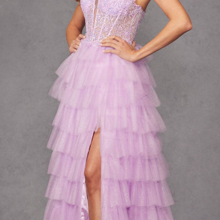 Juliet JT2458A Long Ruffle Tulle A-Line Ball Gown Bustier Bodice Thin Straps