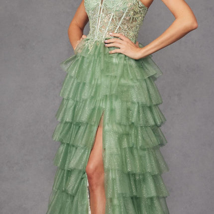 Juliet JT2458A Long Ruffle Tulle A-Line Ball Gown Bustier Bodice Thin Straps