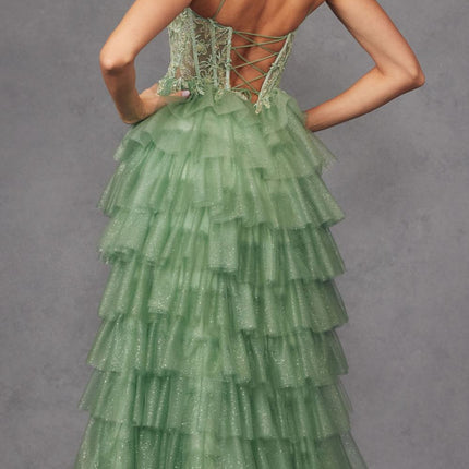 Juliet JT2458A Long Ruffle Tulle A-Line Ball Gown Bustier Bodice Thin Straps