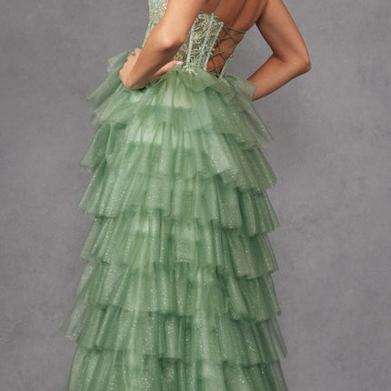 Juliet JT2458A Long Ruffle Tulle A-Line Ball Gown Bustier Bodice Thin Straps
